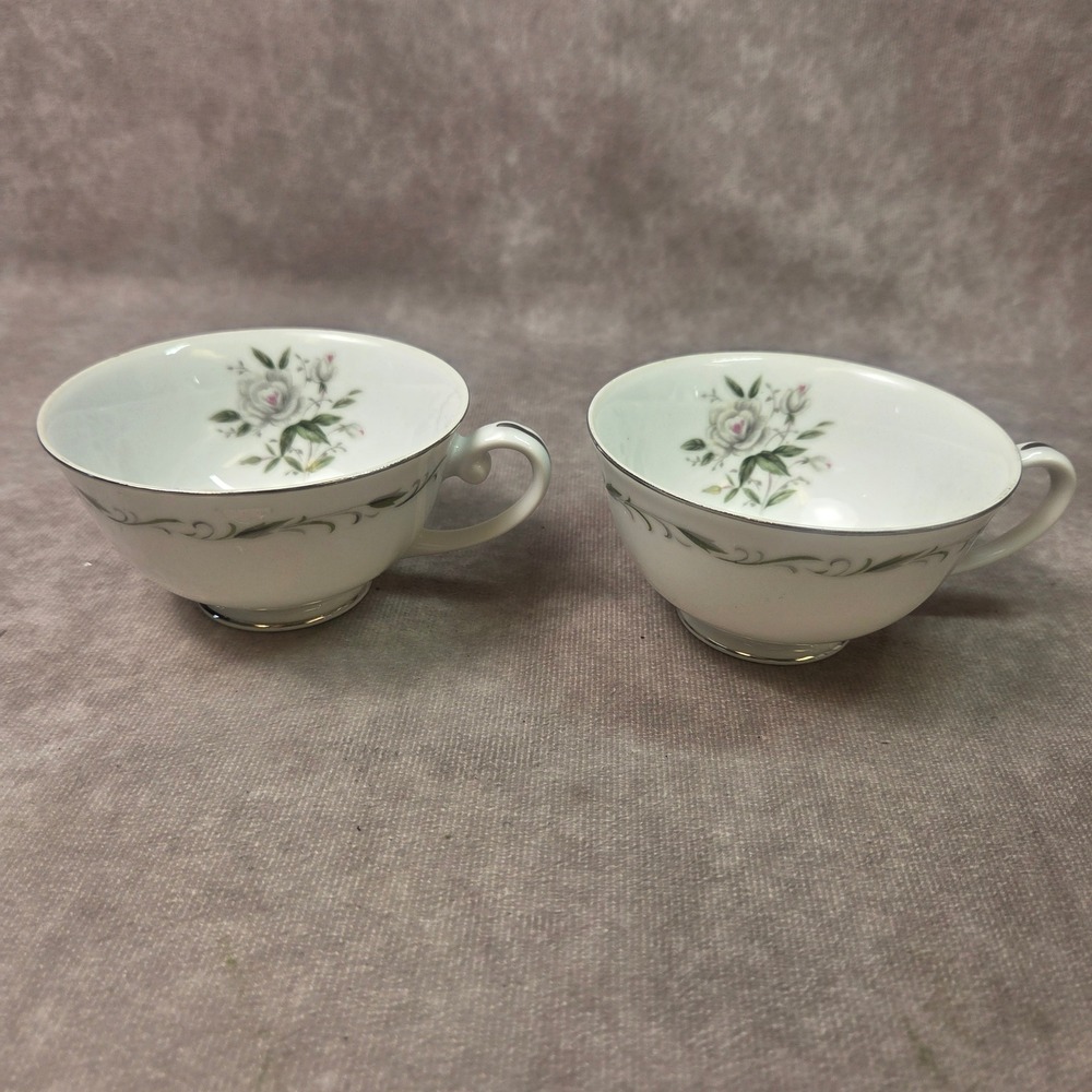 Diamond China Romance Teacups Set of 2 White Rose Silver Trim Made in Japan
